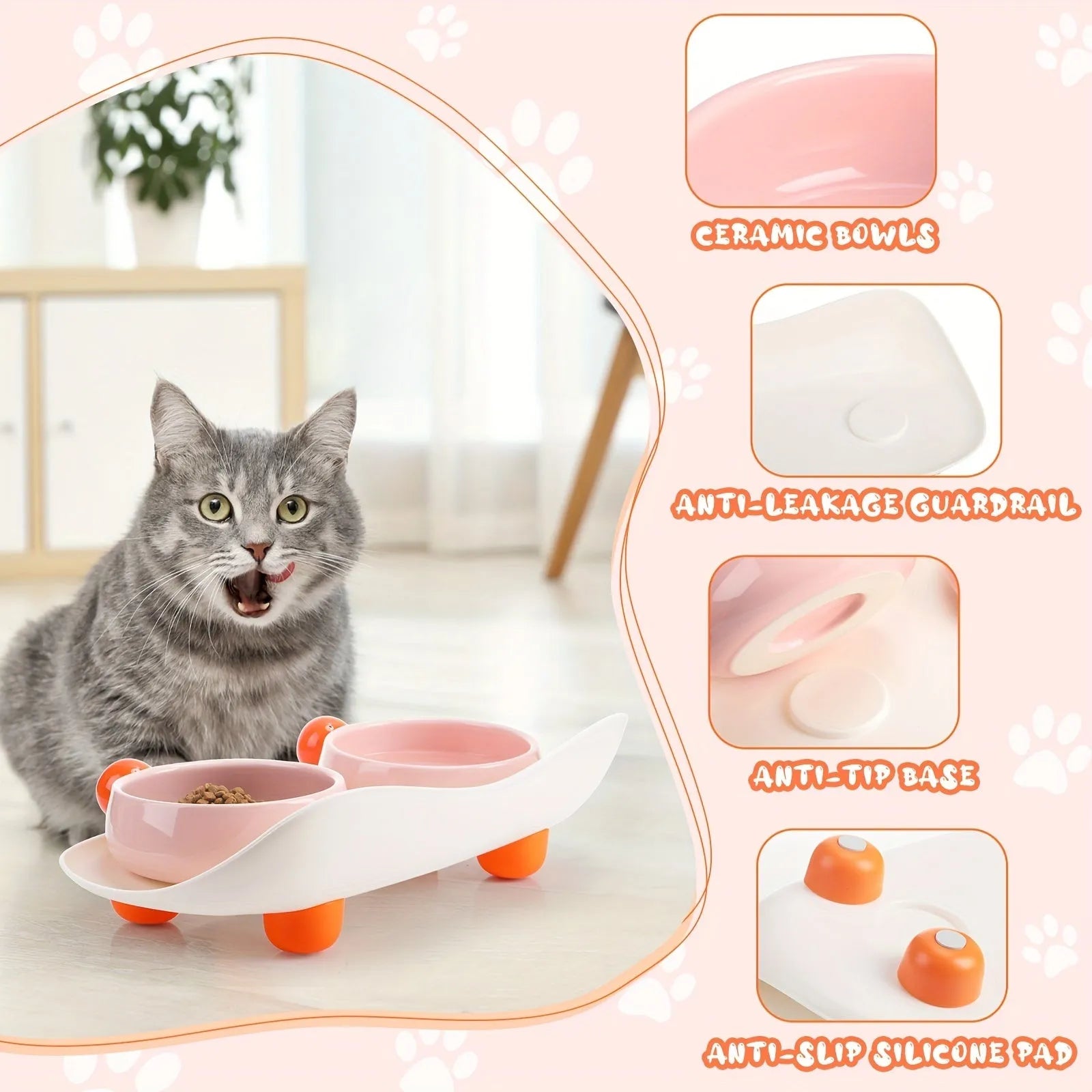 Elevated double ceramic pet bowl set in pink or yellow with non-slip base for cats and small dogs