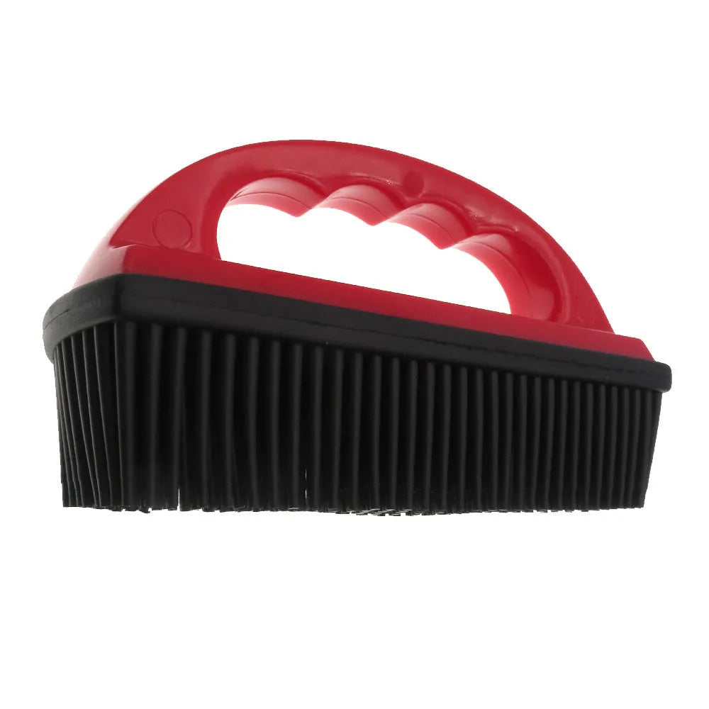 Red multifunctional pet hair removal brush for bathing massage and carpet cleaning, 160mm by 85mm