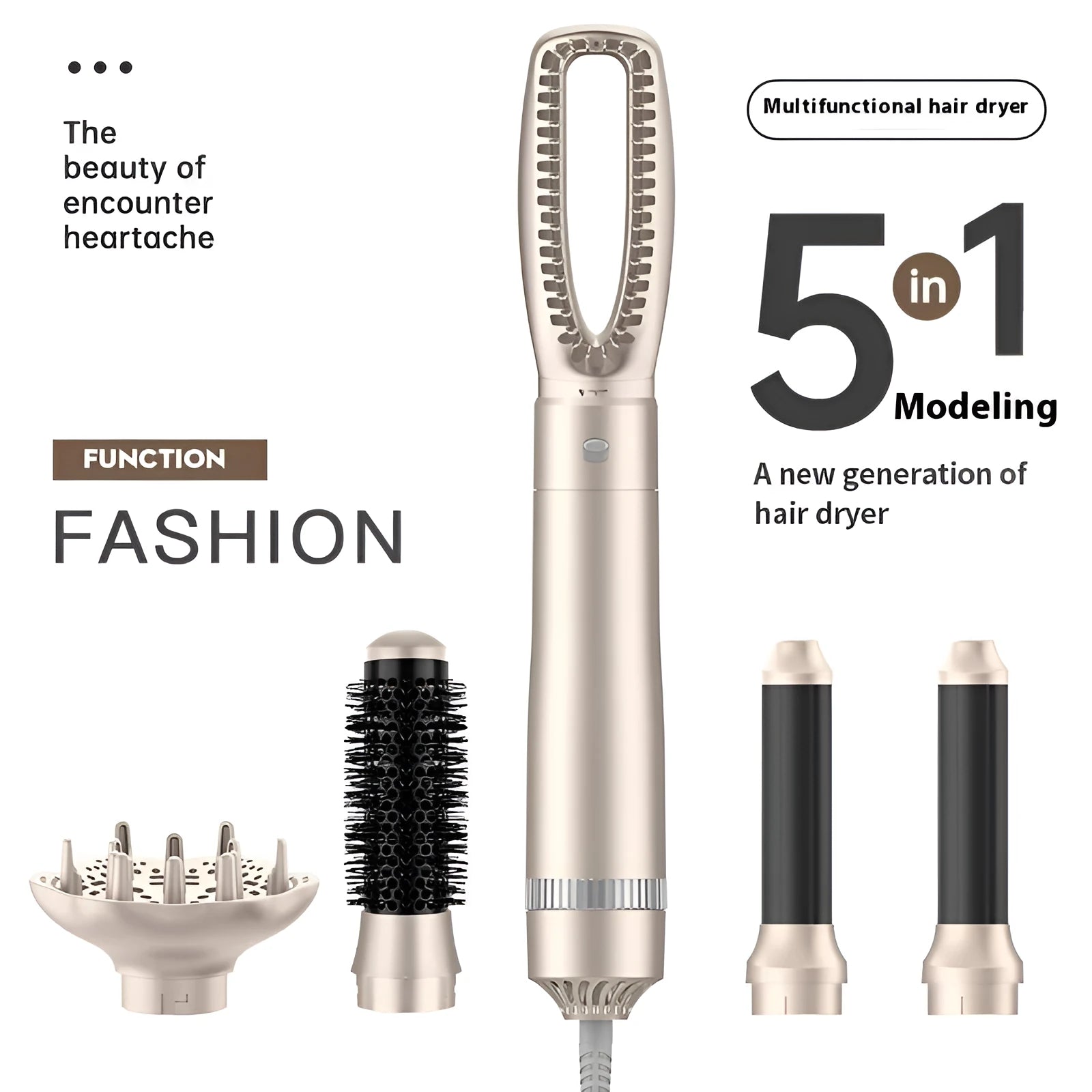 Champagne gold five-in-one hot air comb hair curler with heating elements for multi-function styling