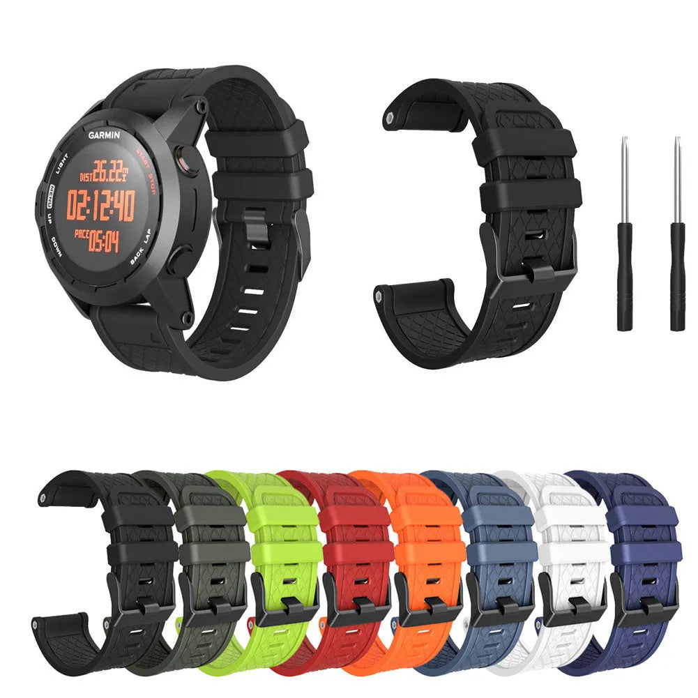 Jiaming 26mm silicone sports watch strap with stainless steel buckle in multiple colour options.