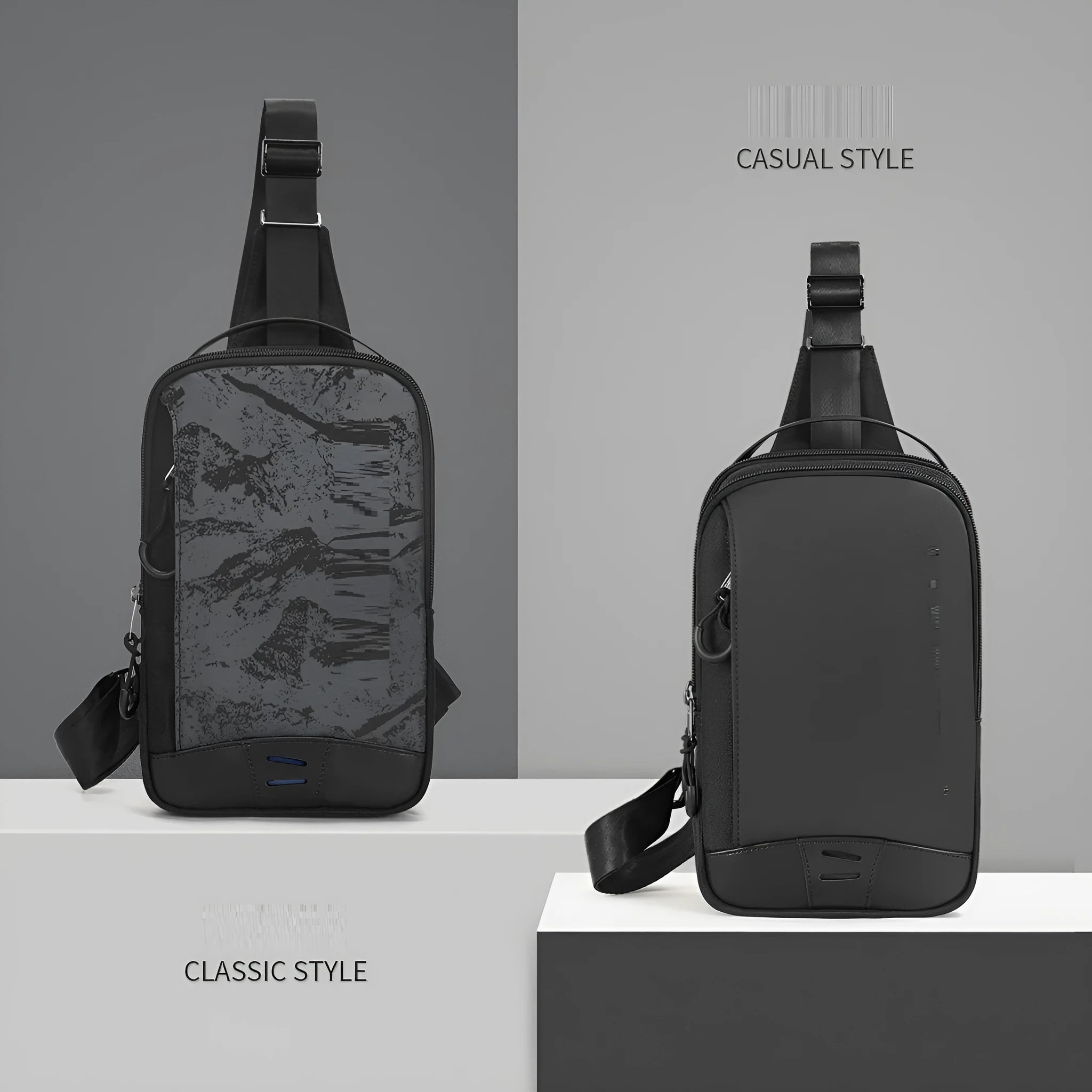 Casual black TPU waterproof chest bag with single strap and square vertical shape.