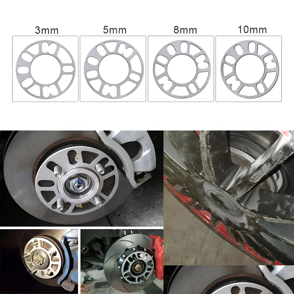 Automotive wheel hub widening spacer ET gasket in various thicknesses for brake caliper clearance.