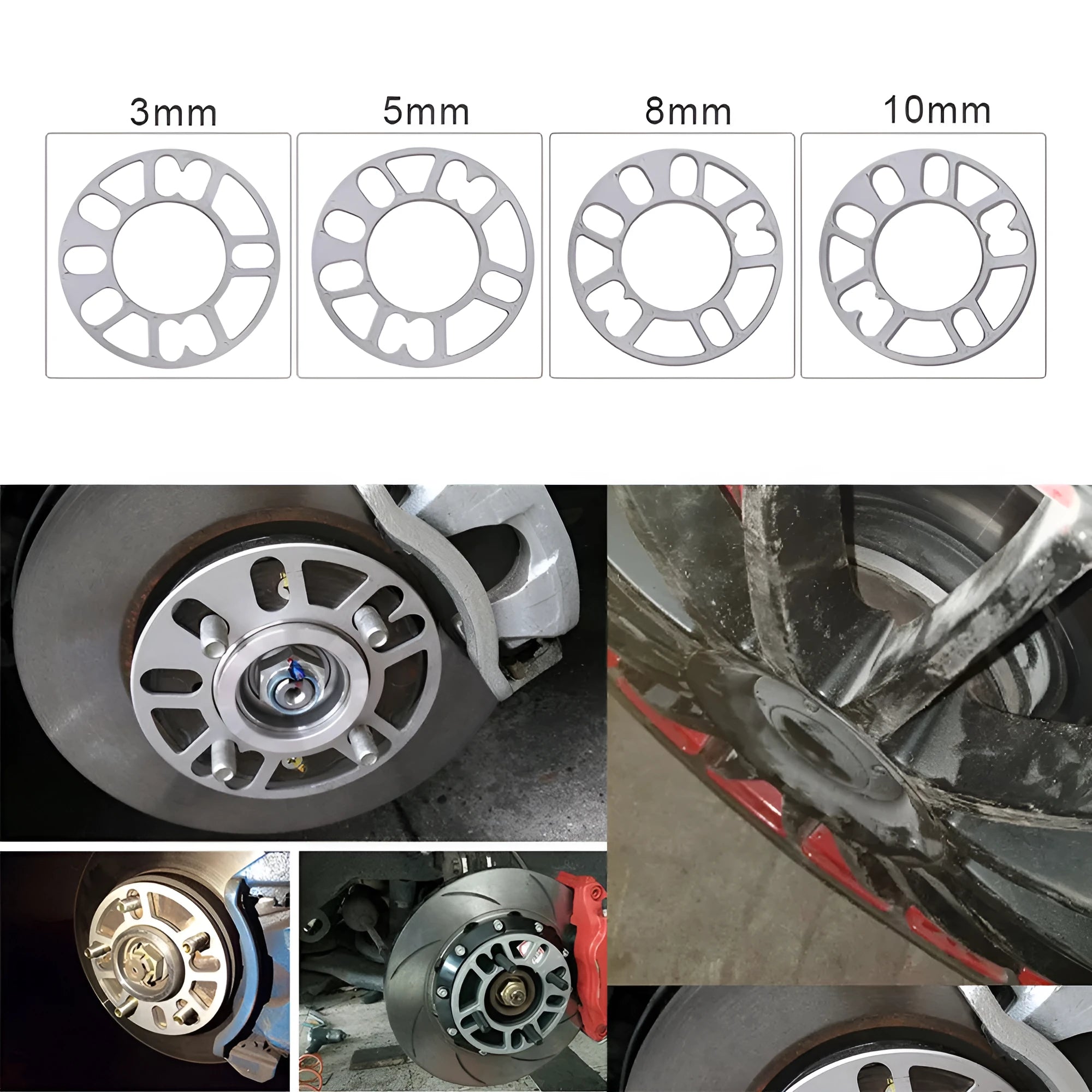 Automotive wheel hub widening spacer ET gasket in various thicknesses for brake caliper clearance.