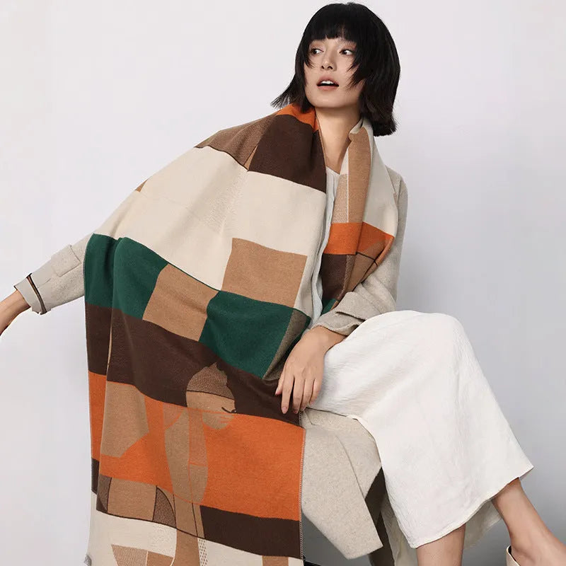 A long beige imitation cashmere scarf draped to show its 185cm length and texture.