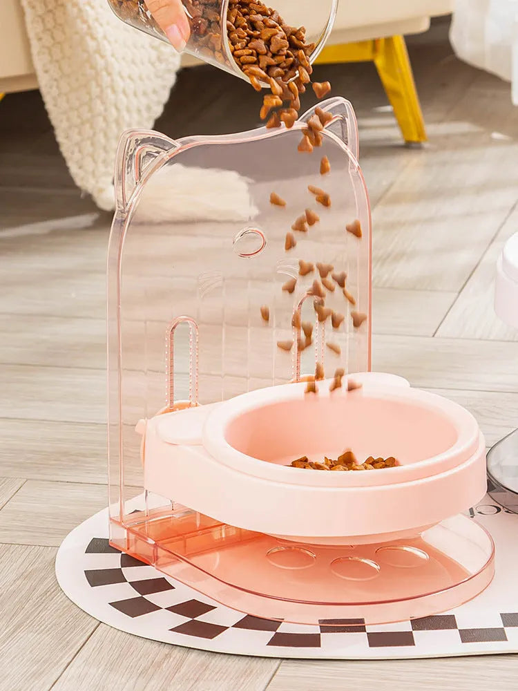Grey cat feeding bowl with cat ears design, adjustable height, and removable hanging cage attachment