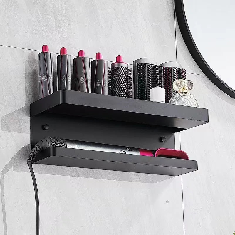 Aluminium double layer punch-free bathroom storage rack for hair curlers in black colour