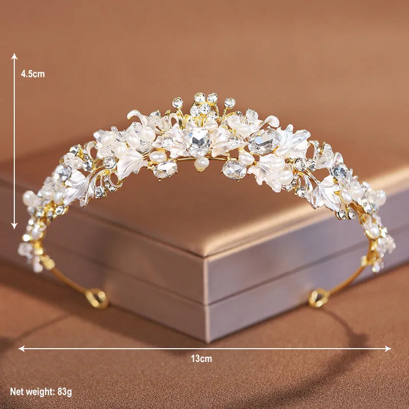 Gold or silver alloy crown headdress with pearl decorations for women's formal events