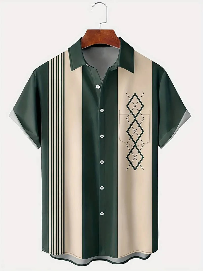 Man wearing a loose fit plaid short-sleeved shirt with a lapel collar.