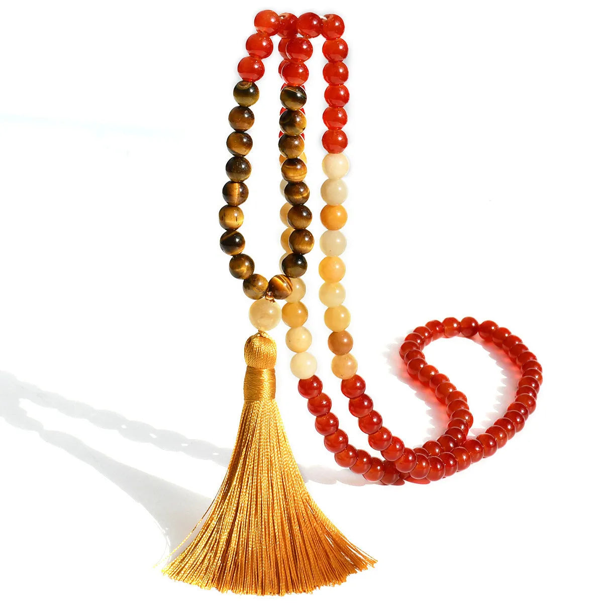 Long natural stone tassel necklace with 108 beads and mixed gem pendant