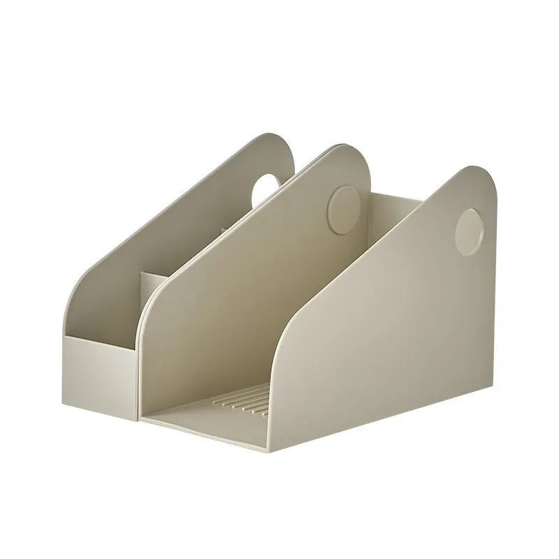 Desktop storage box with two grid compartments in plastic construction showing milk coffee and ivory white colour options