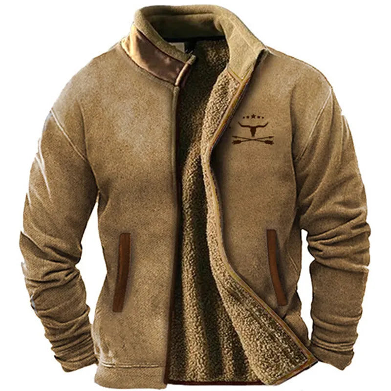 Men's green polyester padded coat with regular length shown on model