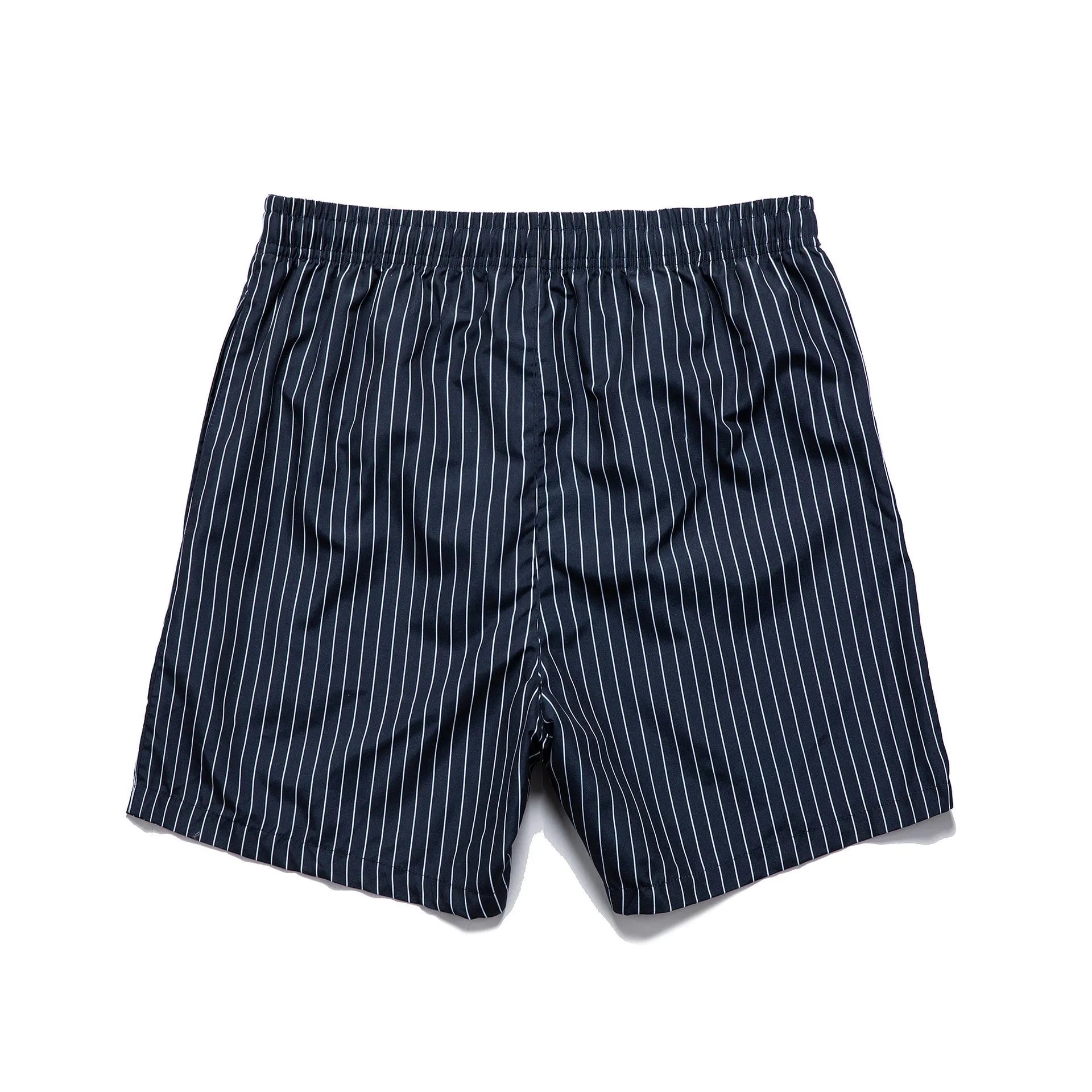 Men's striped polyester beach shorts in grey, shown with a straight leg fit and triangle lining detail.