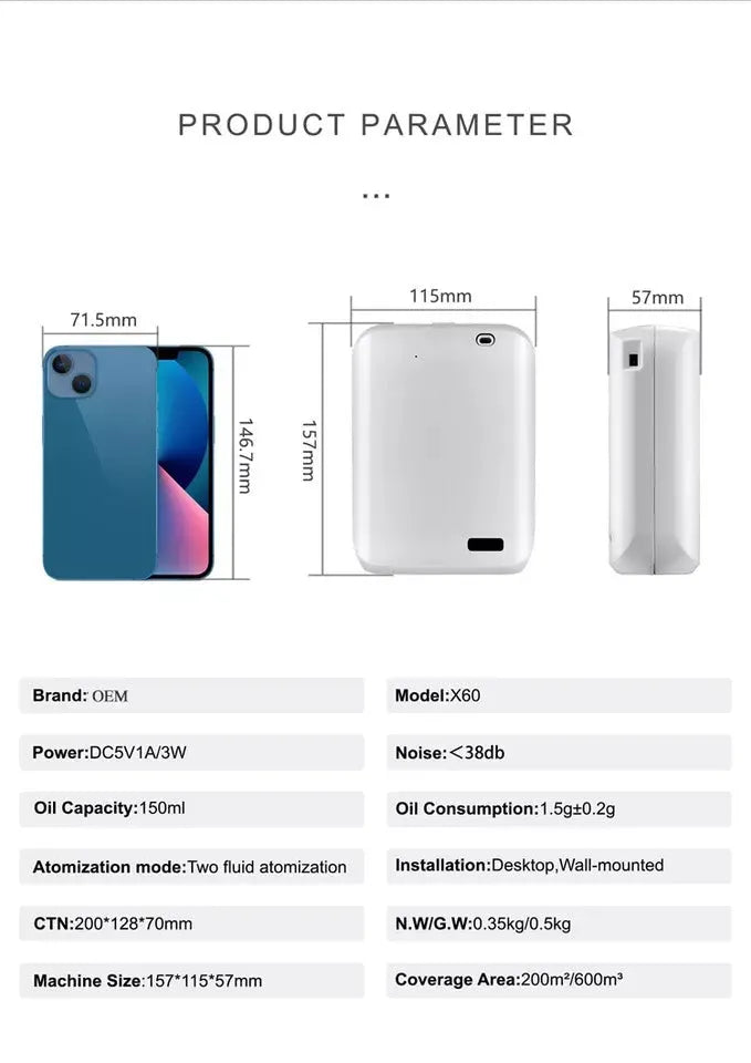 White smart wall mount essential oil diffuser with 150ml tank and app control on smartphone