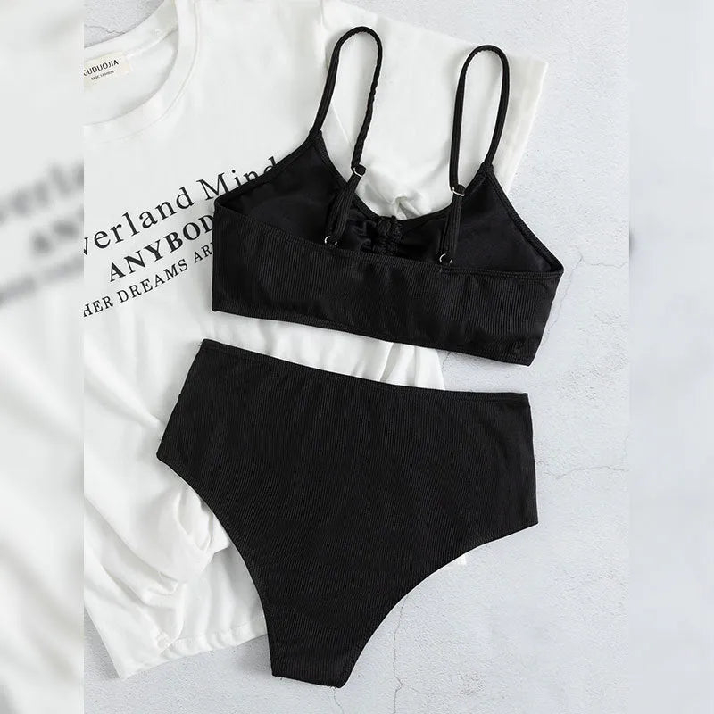 Black high waist bikini swimsuit with sling split design for women