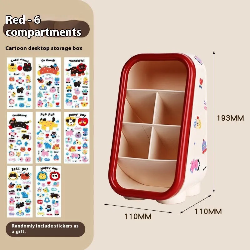 Cartoon-style plastic desktop organiser with grid compartments and labelling stickers for stationery storage
