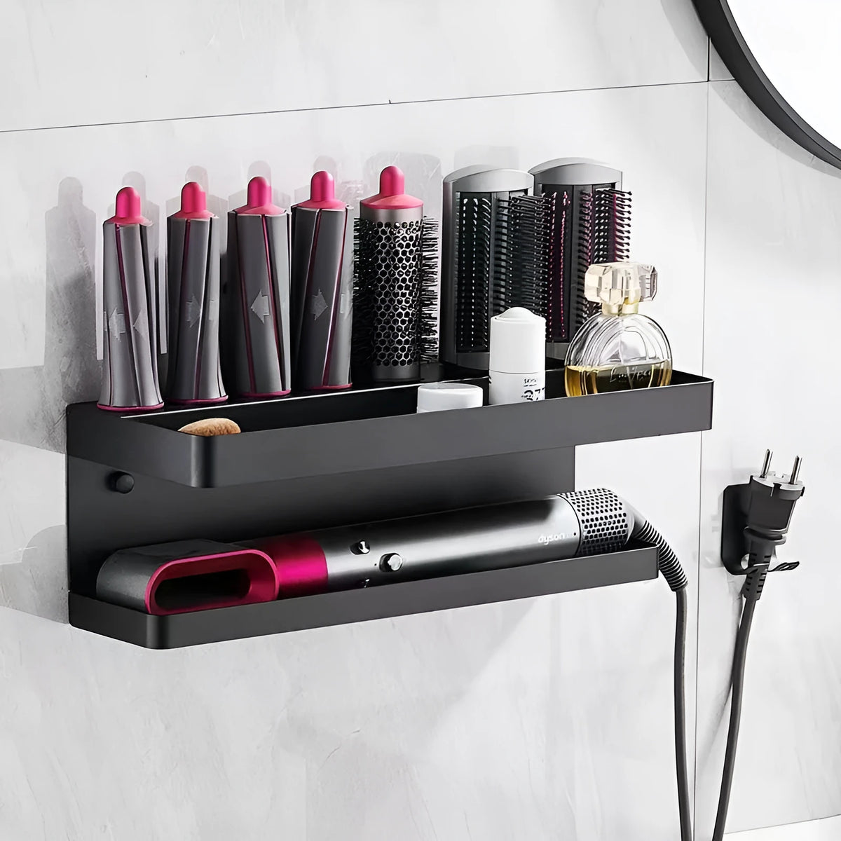 Aluminium double layer punch-free bathroom storage rack for hair curlers in black colour