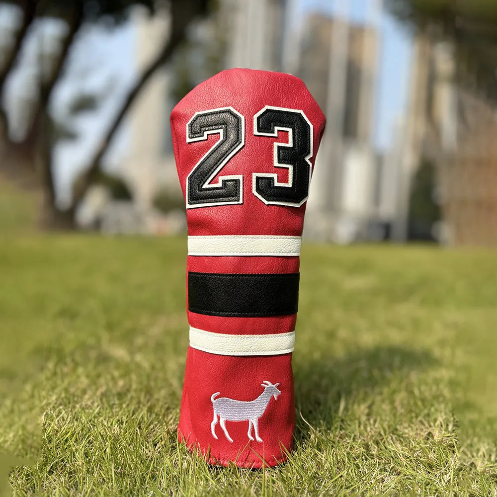 Set of four PU golf club headcovers for driver, fairway woods, hybrid, and putter in assorted colours.