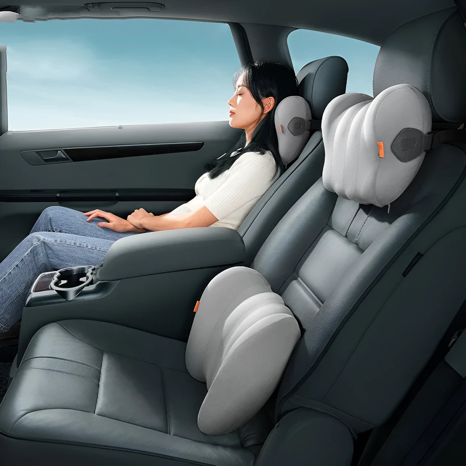 Grey and orange suspension bin car head restraint neck guard and waist pillow set with space memory cotton filler