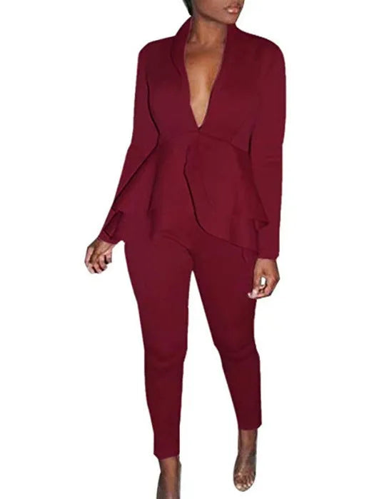 Ruffled air layer top and pencil trousers uniform set in sanitary cloth polyester fabric