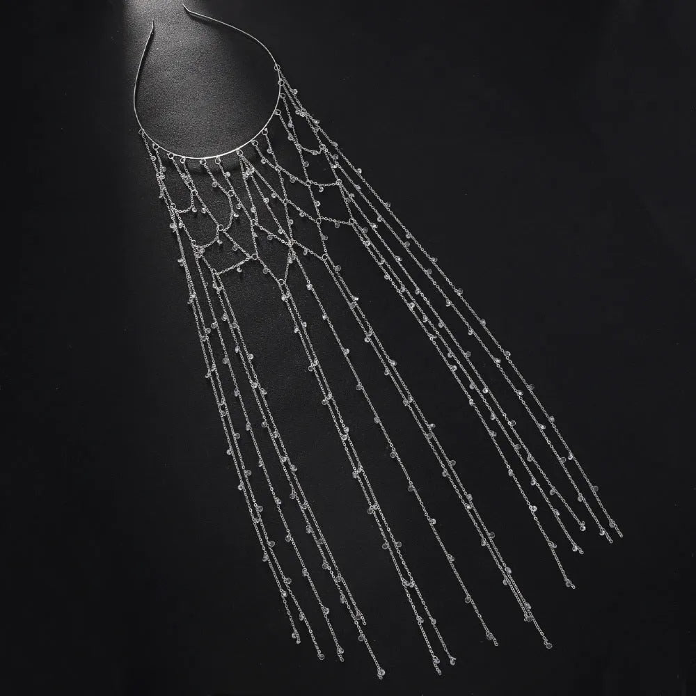 Gold electroplated mesh headband with clear rhinestones and dangling metallic tassels
