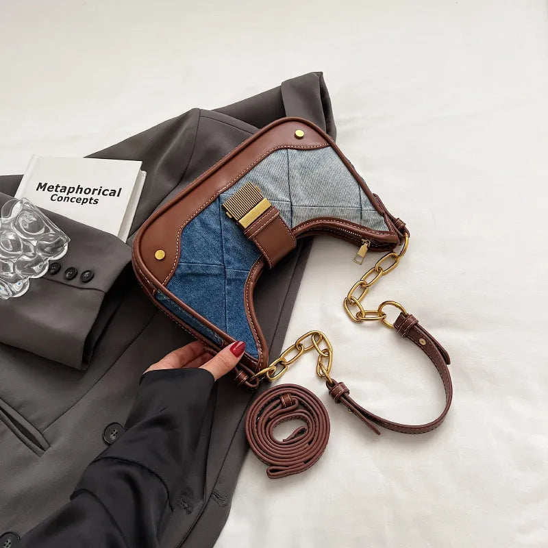 Brown denim women's shoulder bag with diamond mesh panel and chain strap detailing