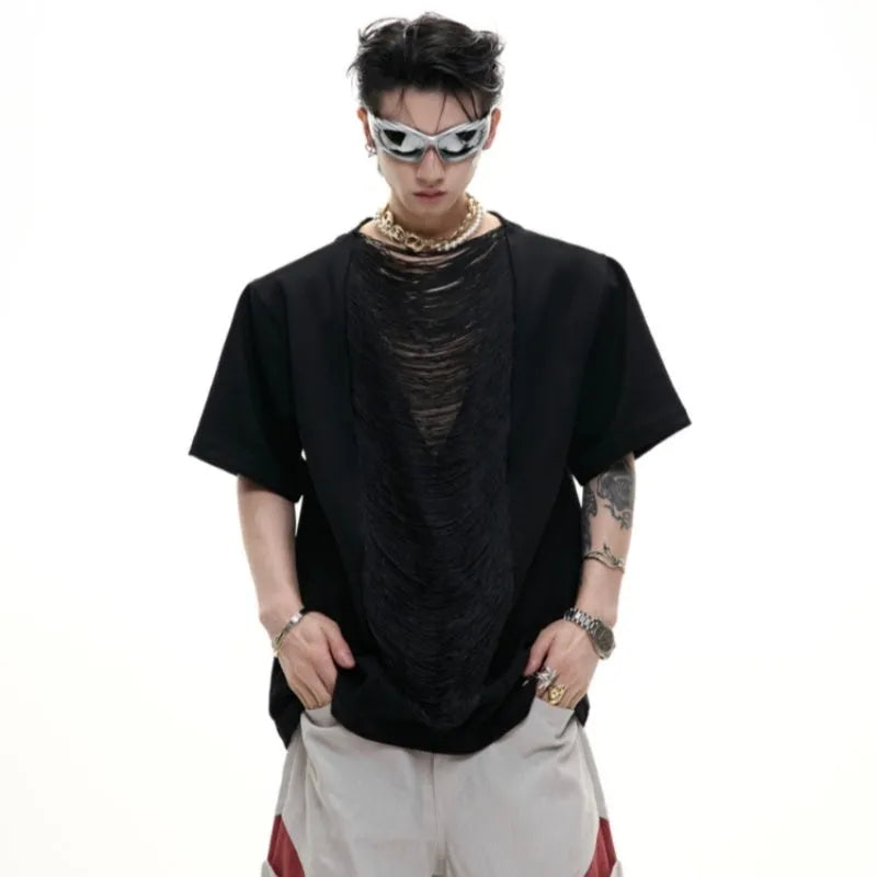 Men's drum black polyester t-shirt with hollow out V-neck and short sleeves