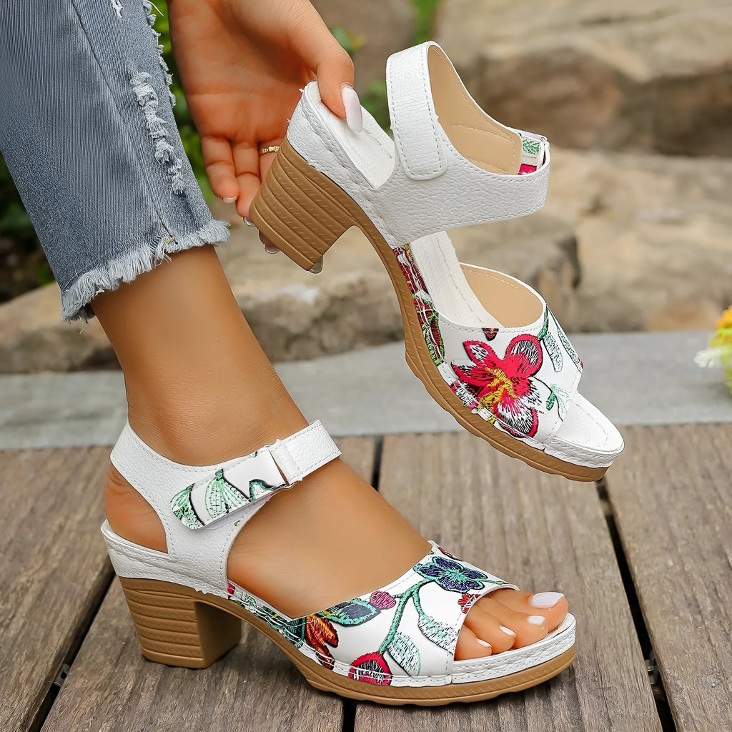 White women's high heel sandals with adjustable Velcro buckle fastening and rubber sole