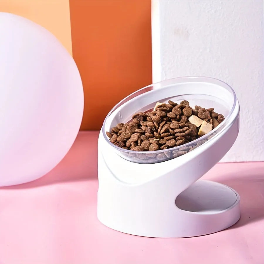White elevated plastic cat food bowl with tilted design for anti-vomit feeding and neck protection