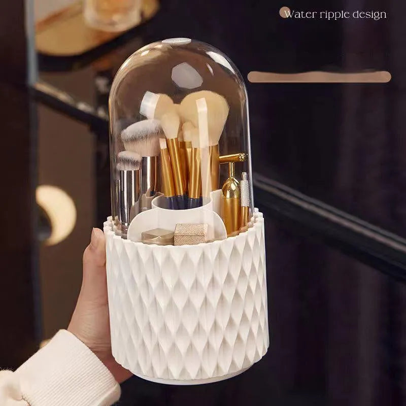 Transparent acrylic makeup brush storage box with rotating base and dustproof lid