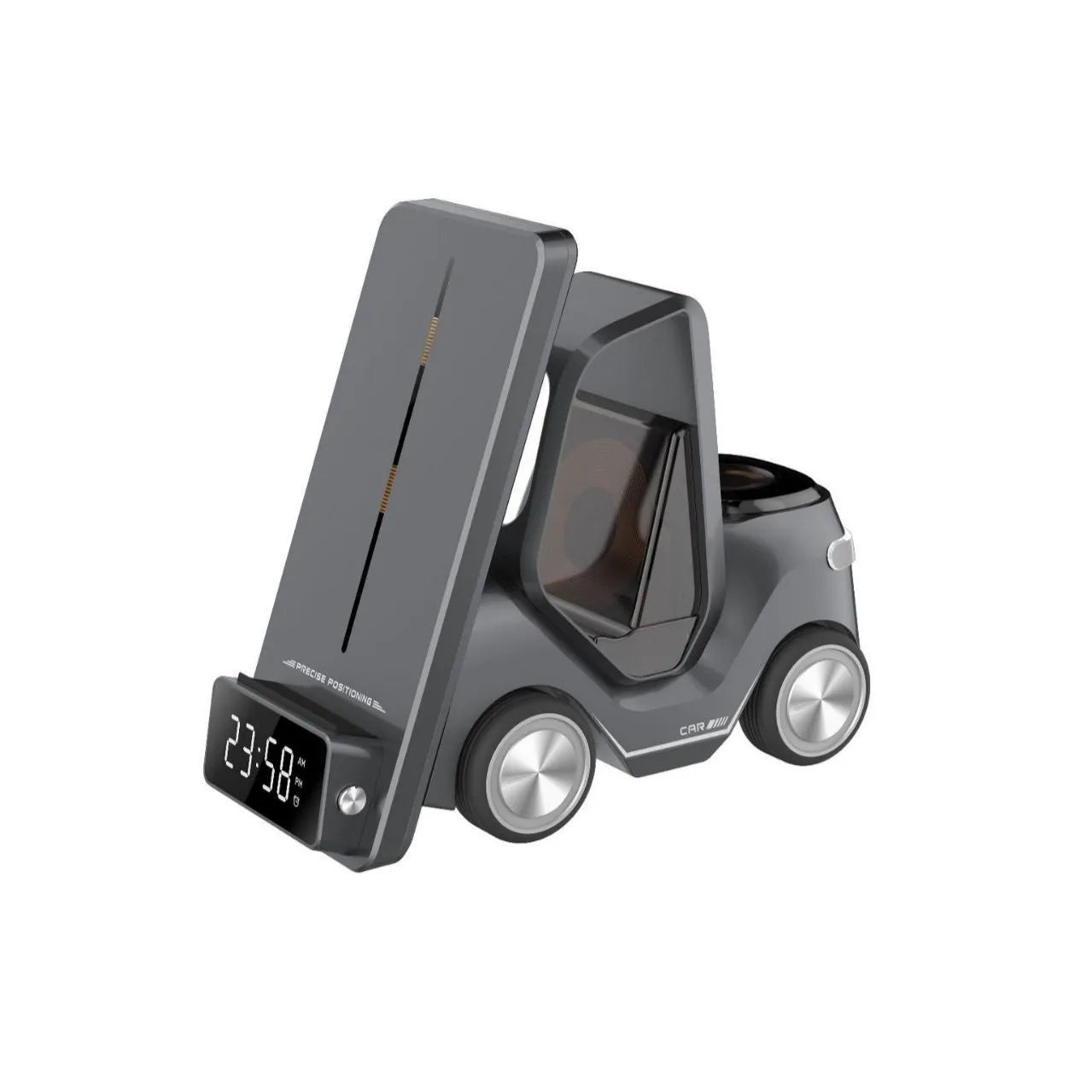 Grey 15W wireless fast charging phone stand bracket on a wooden desk.