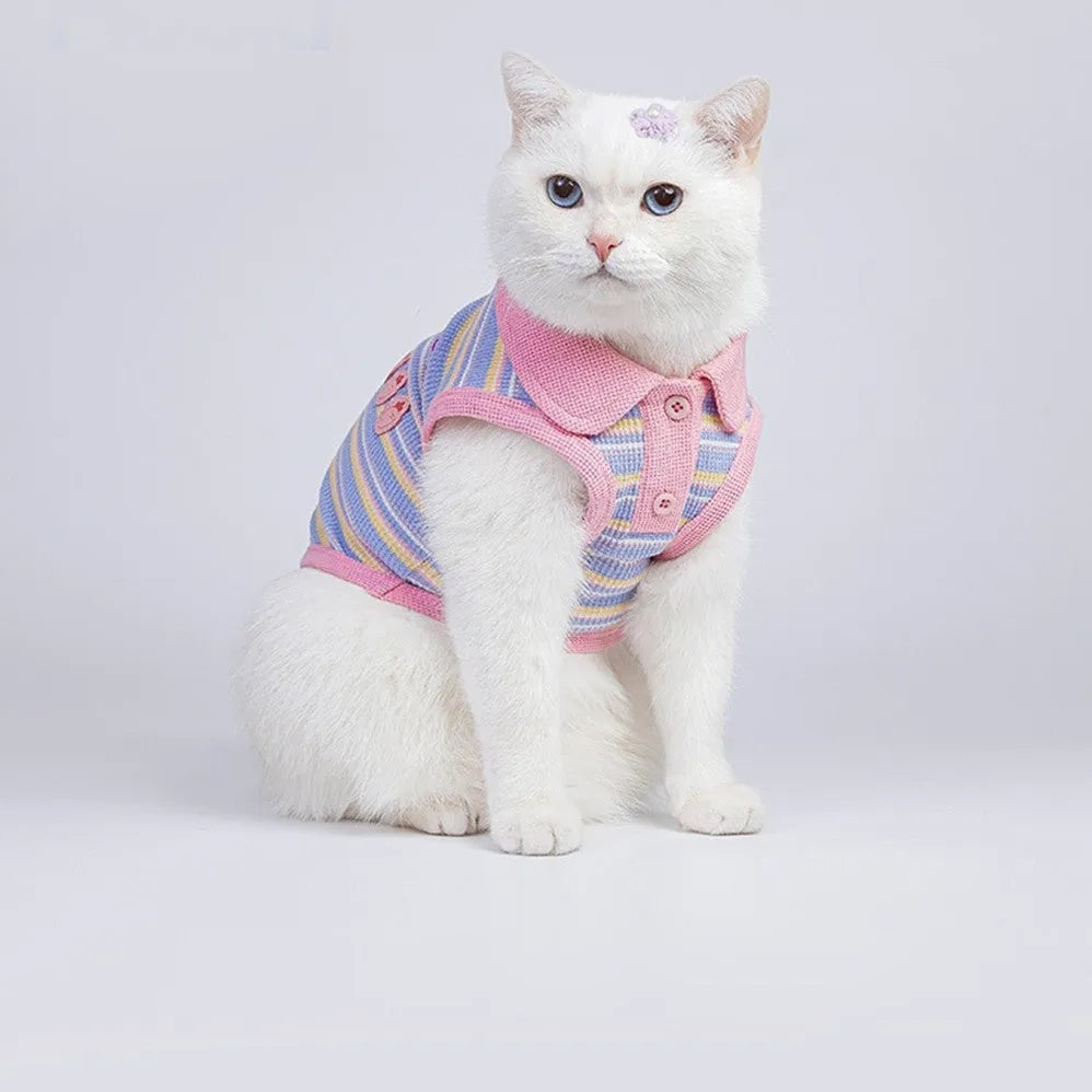 Pink purple soft fleece autumn vest for a small dog or cat, shown with size chart from XXS to XXL.