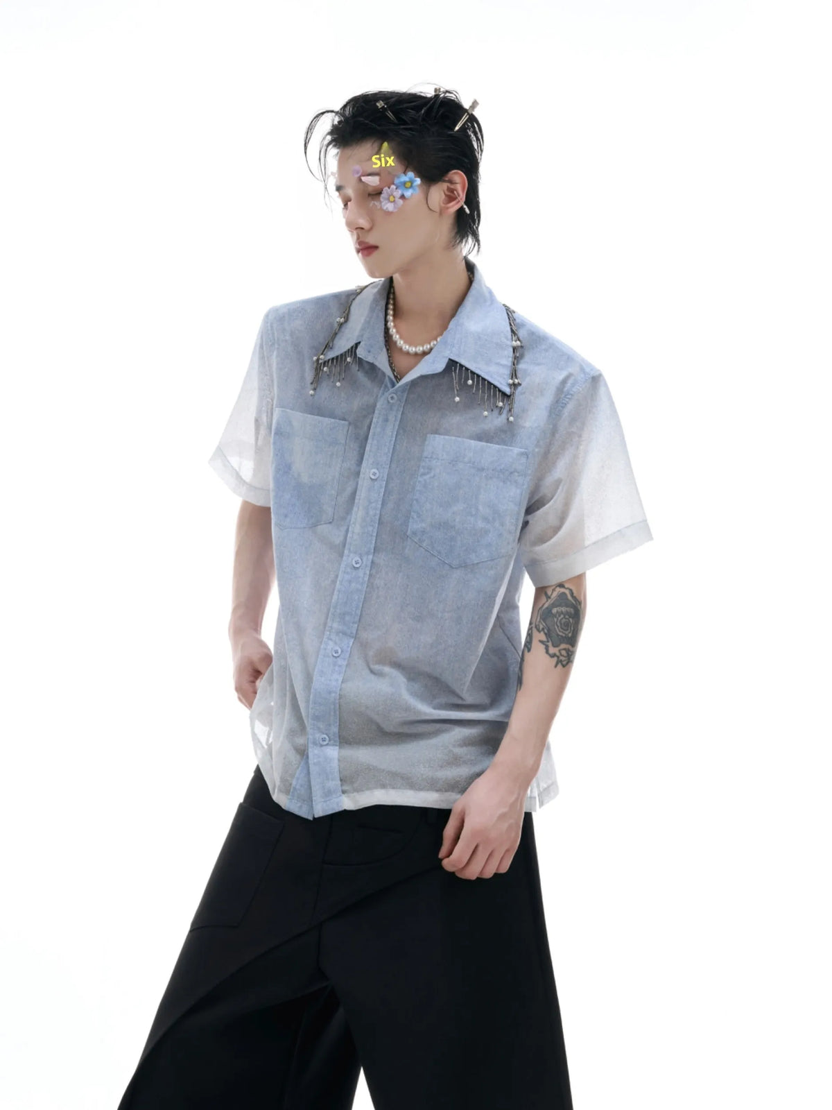 Blue gradient half-sleeve casual summer shirt with loose fit on hanger