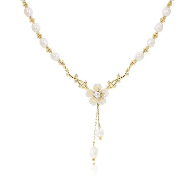 Alloy pearl flower necklace with rose pendant on adjustable chain