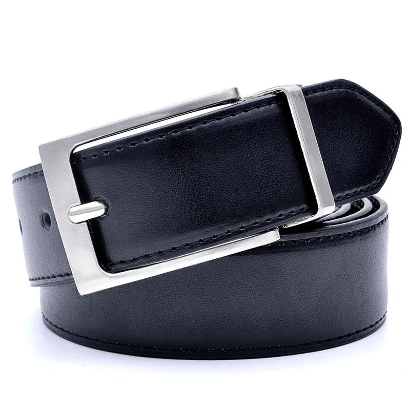 Men's dark brown genuine leather belt with a silver rotating pin buckle, shown at 120cm length.