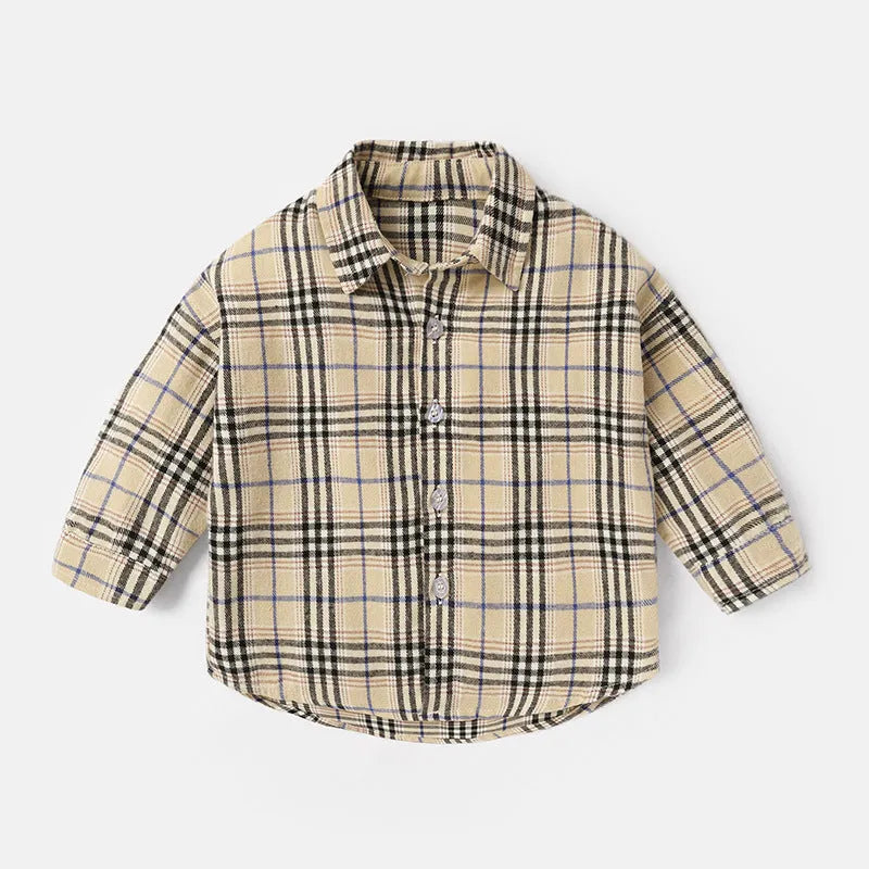 Boy's cotton lattice shirt with animal cartoon pattern in khaki colour