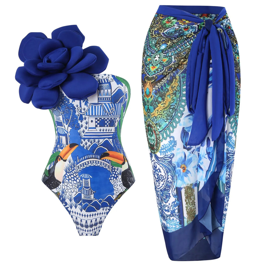 Women's fairy print one-piece swimsuit holiday dress in European style with conservative cut