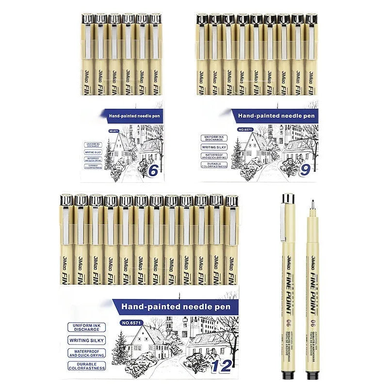 Syringe-style needle pen with hand-drawn hook line art and cartoon details on plastic body.