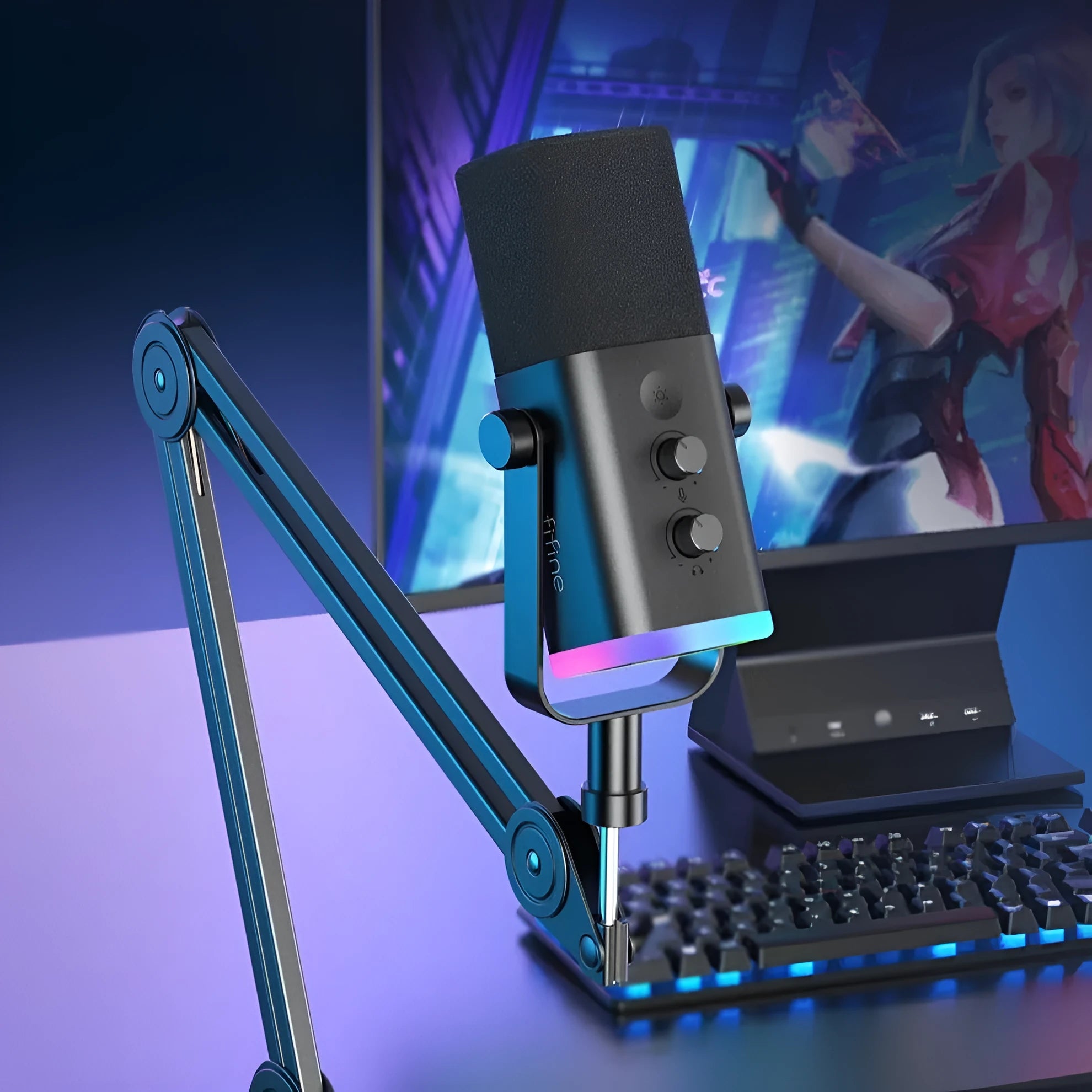 USB dynamic noise reduction microphone with XLR cable, USB cable, and base mount in black colour