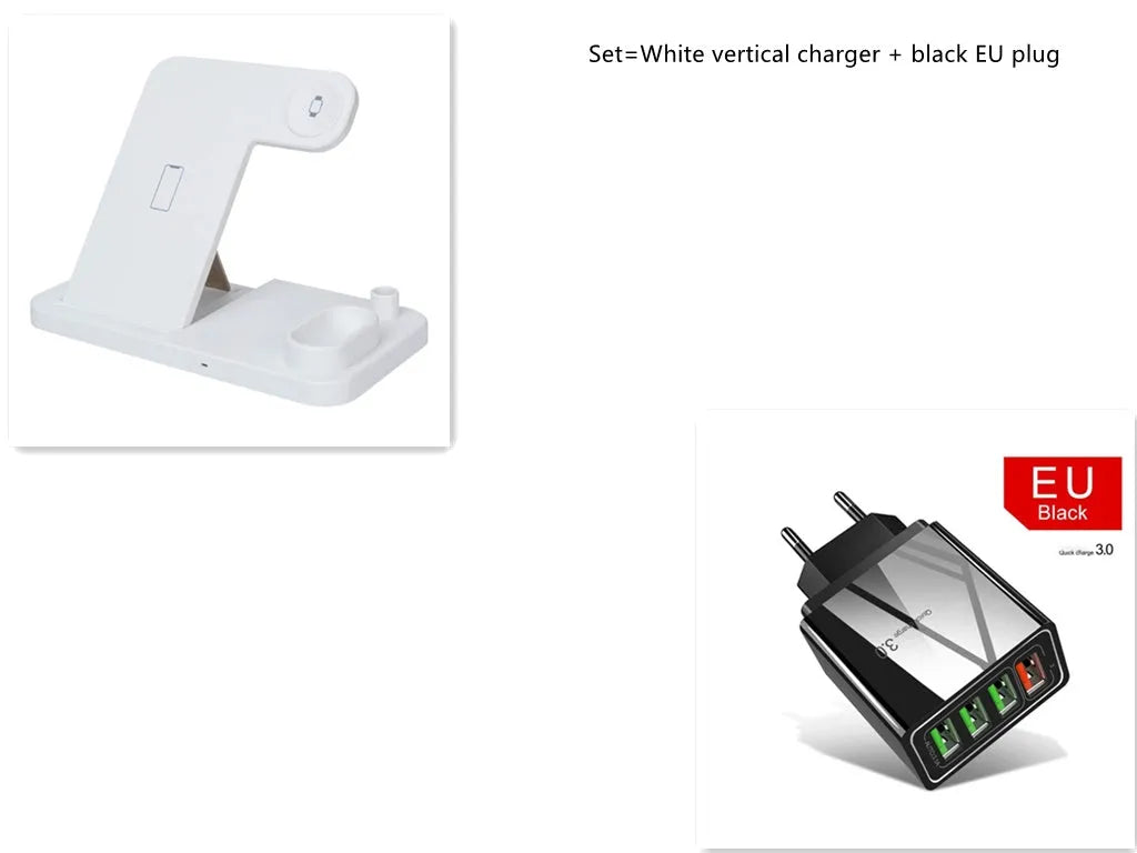 4-in-1 wireless charging station showing phone, Apple Watch, AirPods and Apple Pencil charging simultaneously