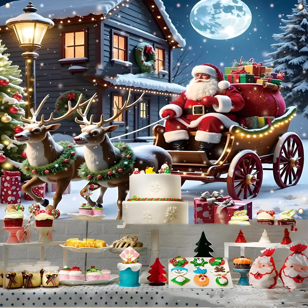 Red Christmas banner with Santa Claus and gifts at night, measuring 210 cm wide by 150 cm high.