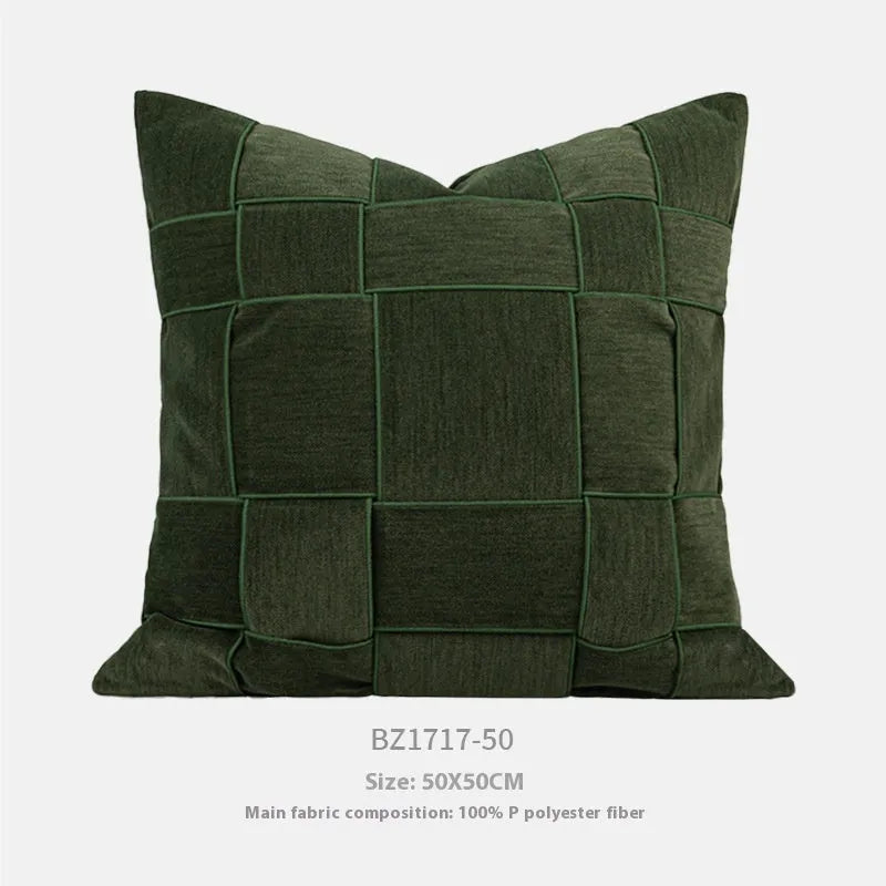 Square 50x50cm chenille woven cushion in a choice of colours like retro green or beige, shown on a sofa.