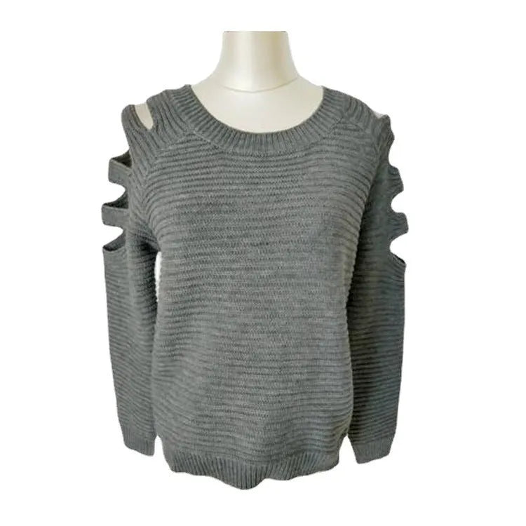 Women's white knitted bottoming shirt with hollow-out crochet detail showing round neck and long sleeve construction