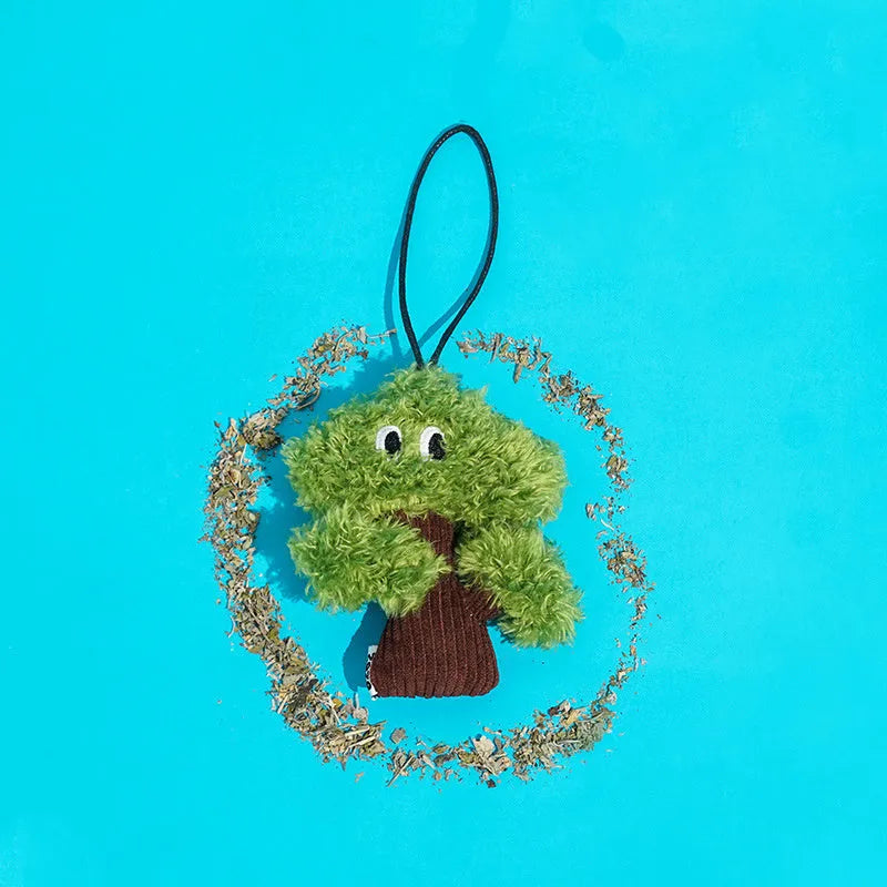Pine tree shaped cat chew toy with feather attachment and catnip pouch in three size options