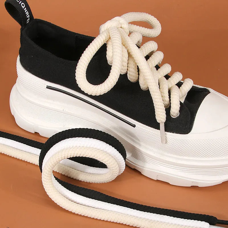Round woven shoelaces for bread shoes in white, beige, and black, showing different lengths and thickness options