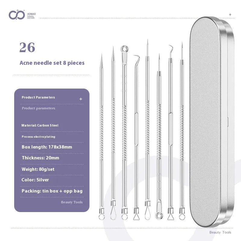 Four silver metal acne needles and a handling clip laid out on a clean surface.