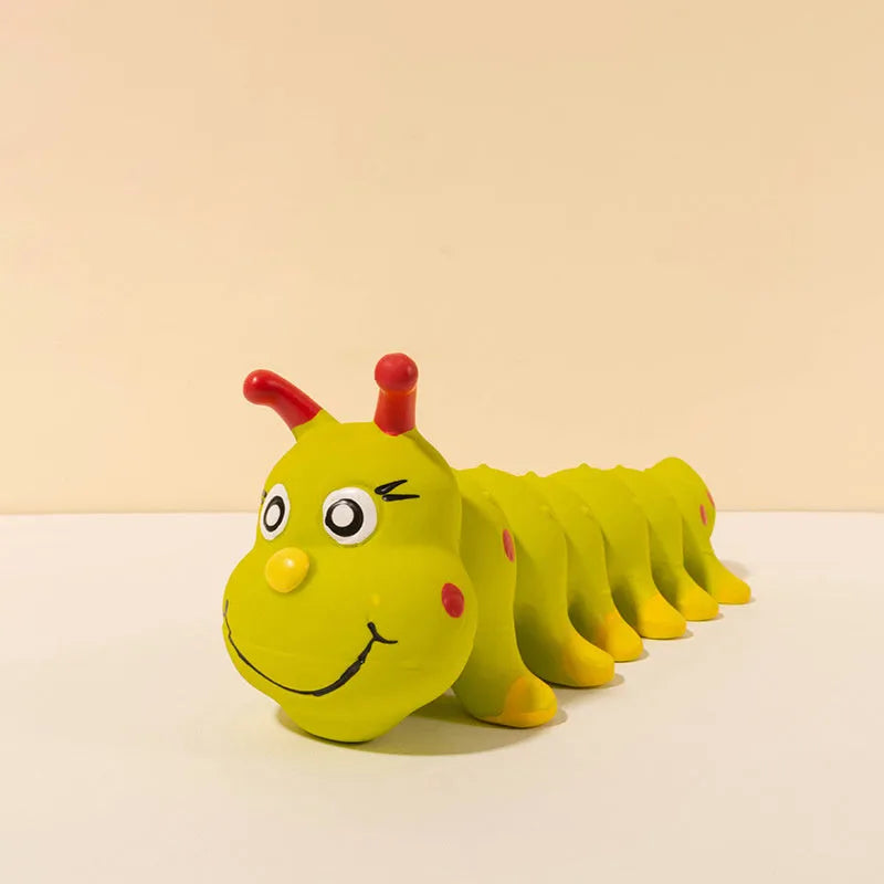 Yellow caterpillar-shaped rubber dog toy with squeaker measuring 25.5 cm