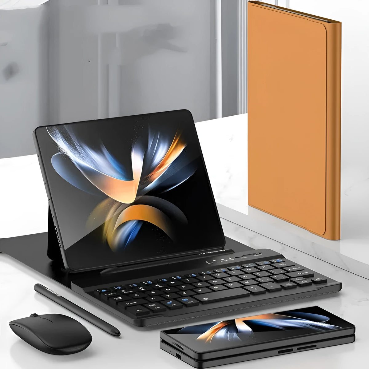 PU leather folding keyboard case for Samsung Fold with Bluetooth keyboard, mouse, pen, and stand