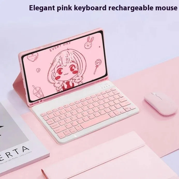 Bluetooth keyboard and charging mouse inside a soft TPU leather-look case for Samsung tablet