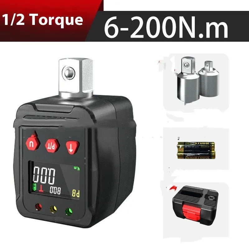 Digital torque meter with LCD screen and 1/2 inch drive, part of a three-piece metal toolkit.