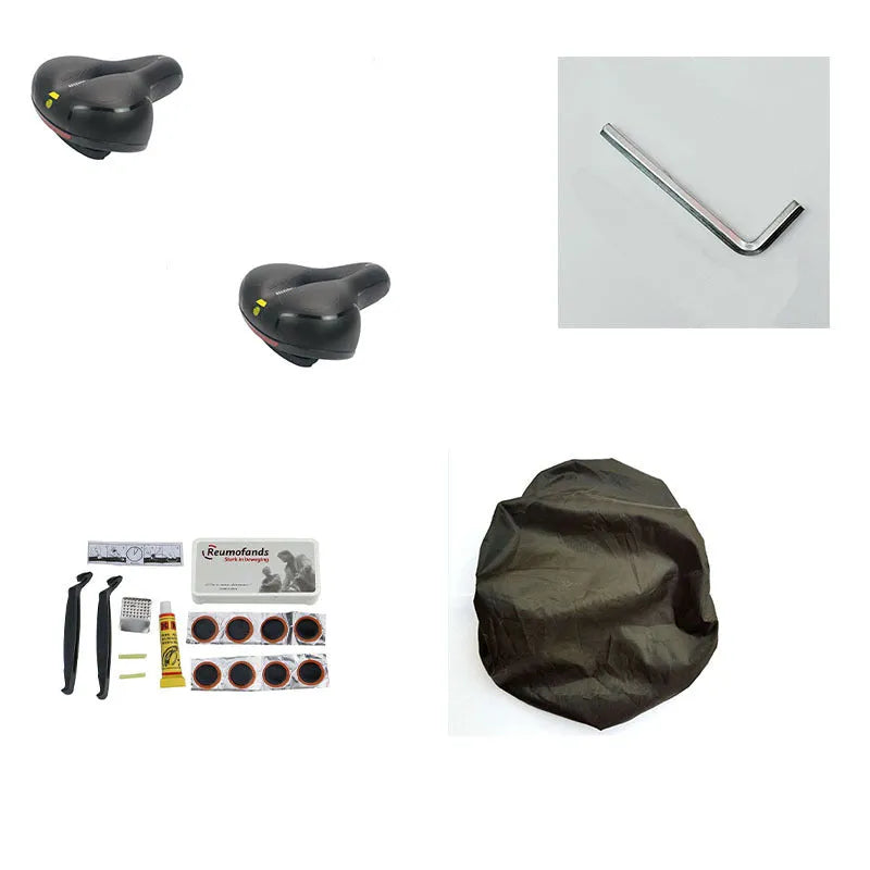 Thick soft silicone bicycle saddle with steel springs, PU leather cover, waterproof cover, wrench, and tyre patch kit.